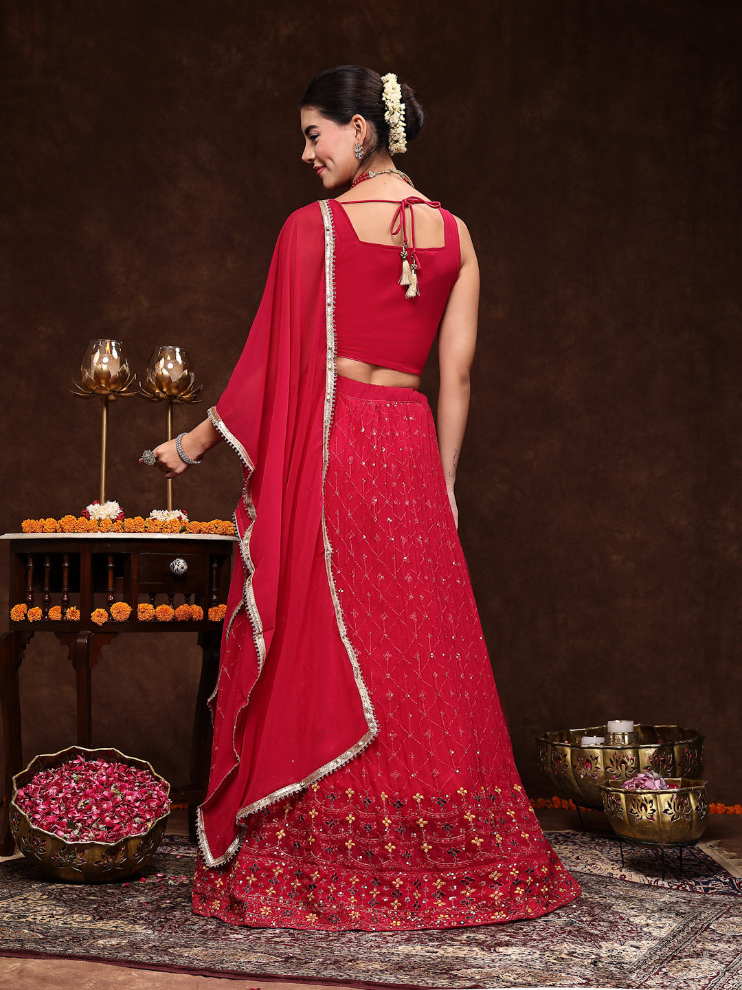 Women's Magenta Embroidered Georgette Lehenga & Blouse with Dupatta