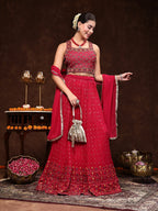 Women's Magenta Embroidered Georgette Lehenga & Blouse with Dupatta