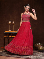 Women's Magenta Embroidered Georgette Lehenga & Blouse with Dupatta