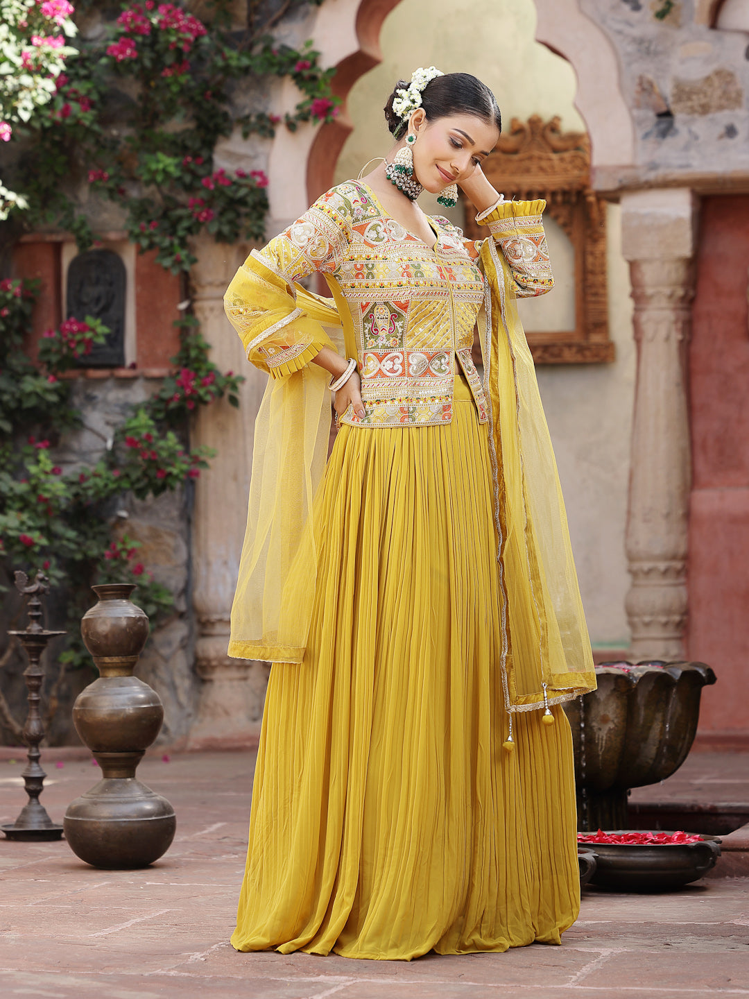 Women's Solid & Embroidered Georgette Lehenga Dupatta with Blouse