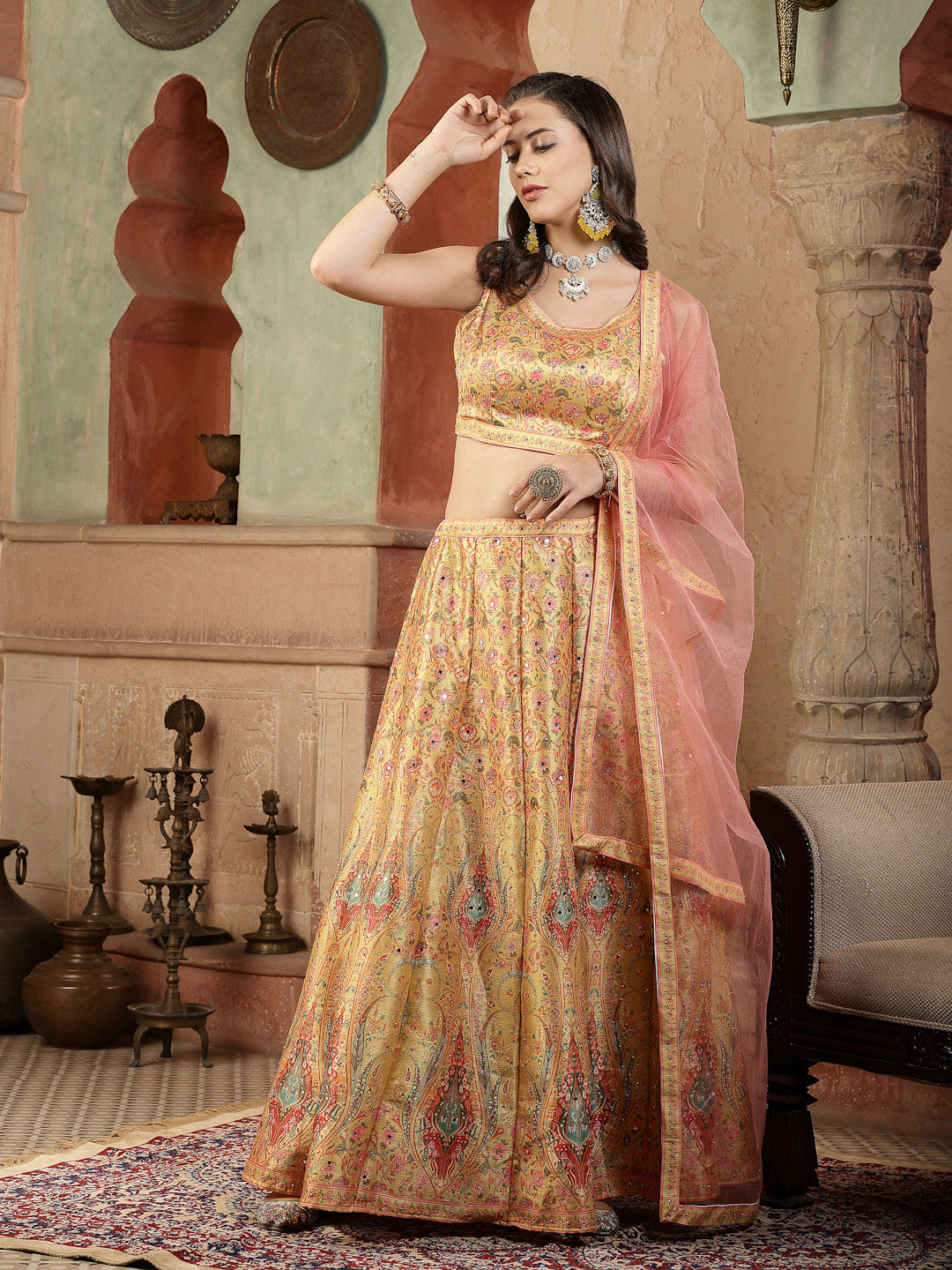Women's Floral Printed Silk Blend Lehenga Dupatta with Blouse