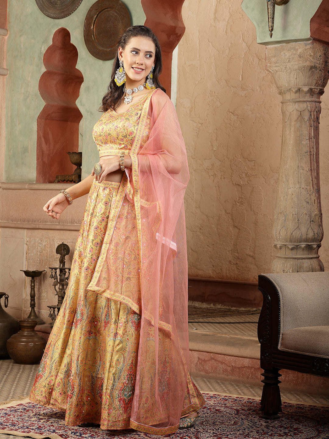 Women's Floral Printed Silk Blend Lehenga Dupatta with Blouse
