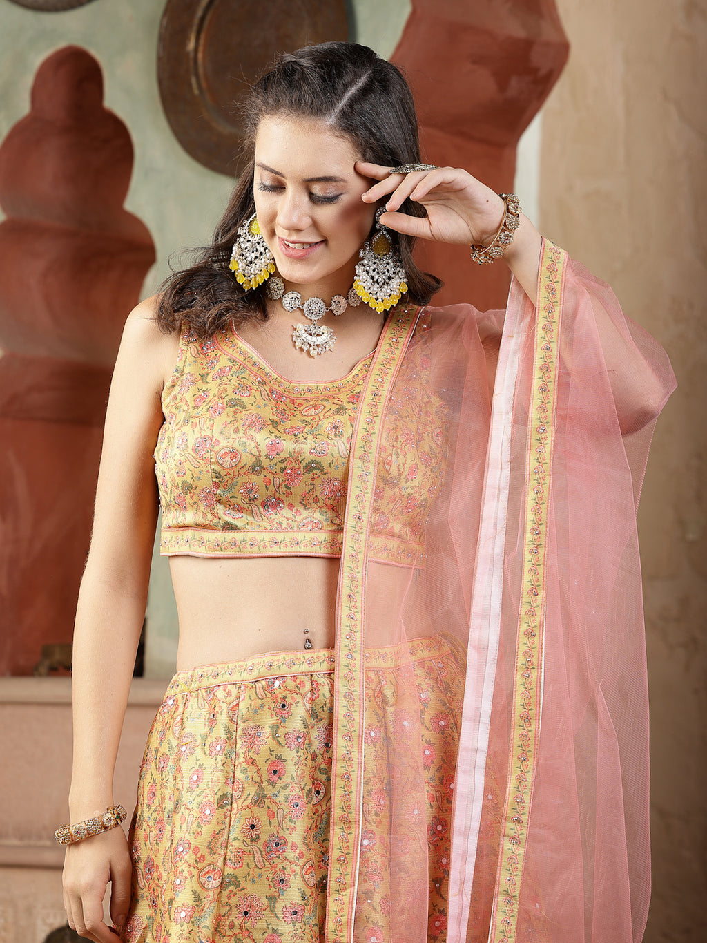 Women's Floral Printed Silk Blend Lehenga Dupatta with Blouse