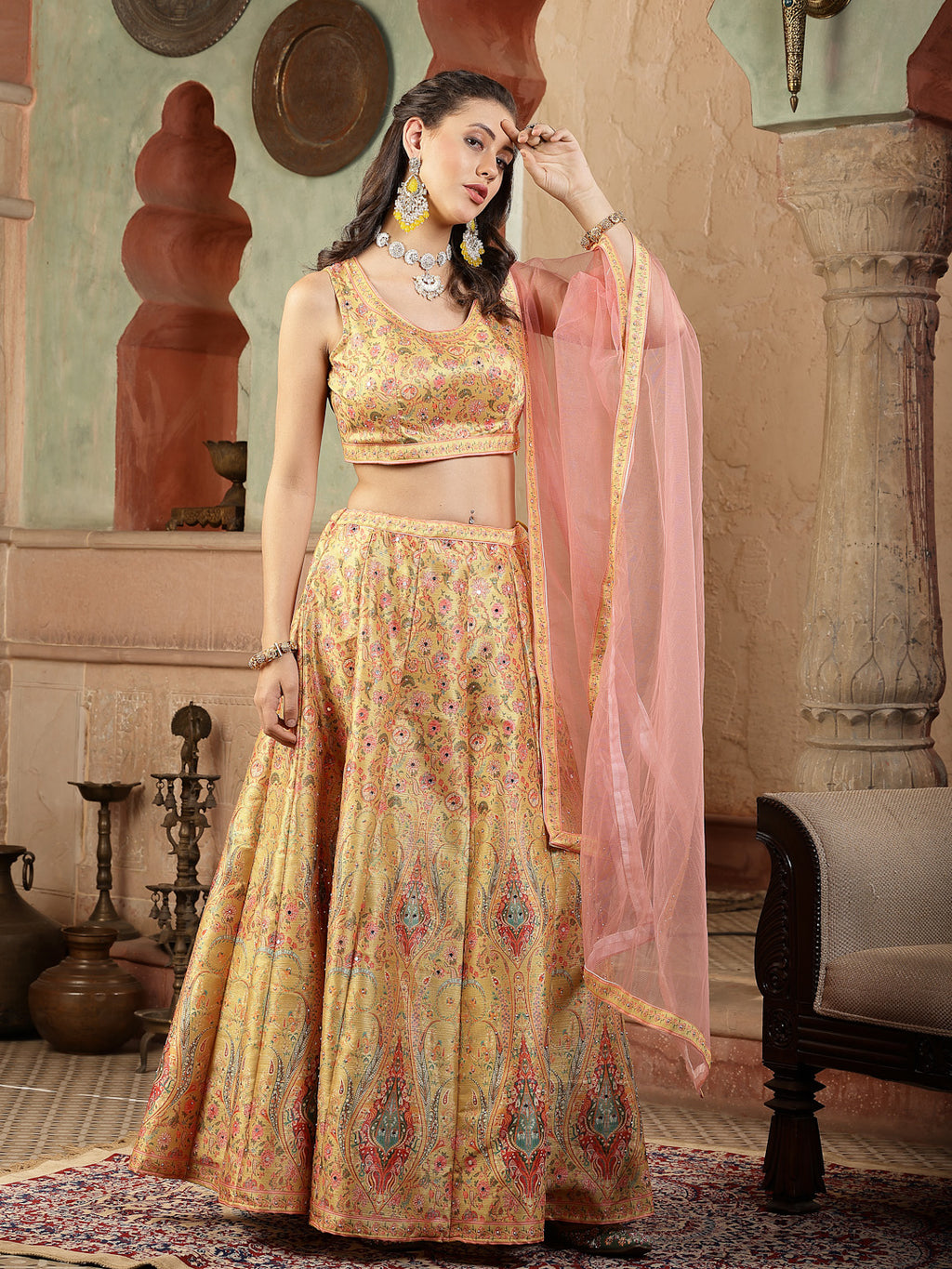 Women's Floral Printed Silk Blend Lehenga Dupatta with Blouse