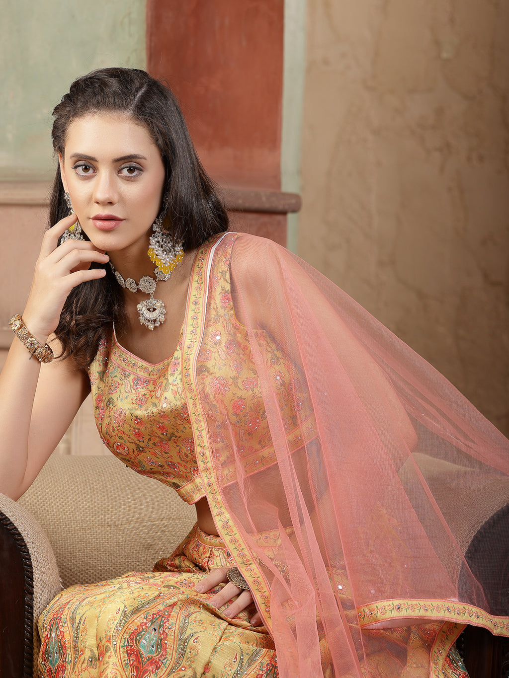 Women's Floral Printed Silk Blend Lehenga Dupatta with Blouse
