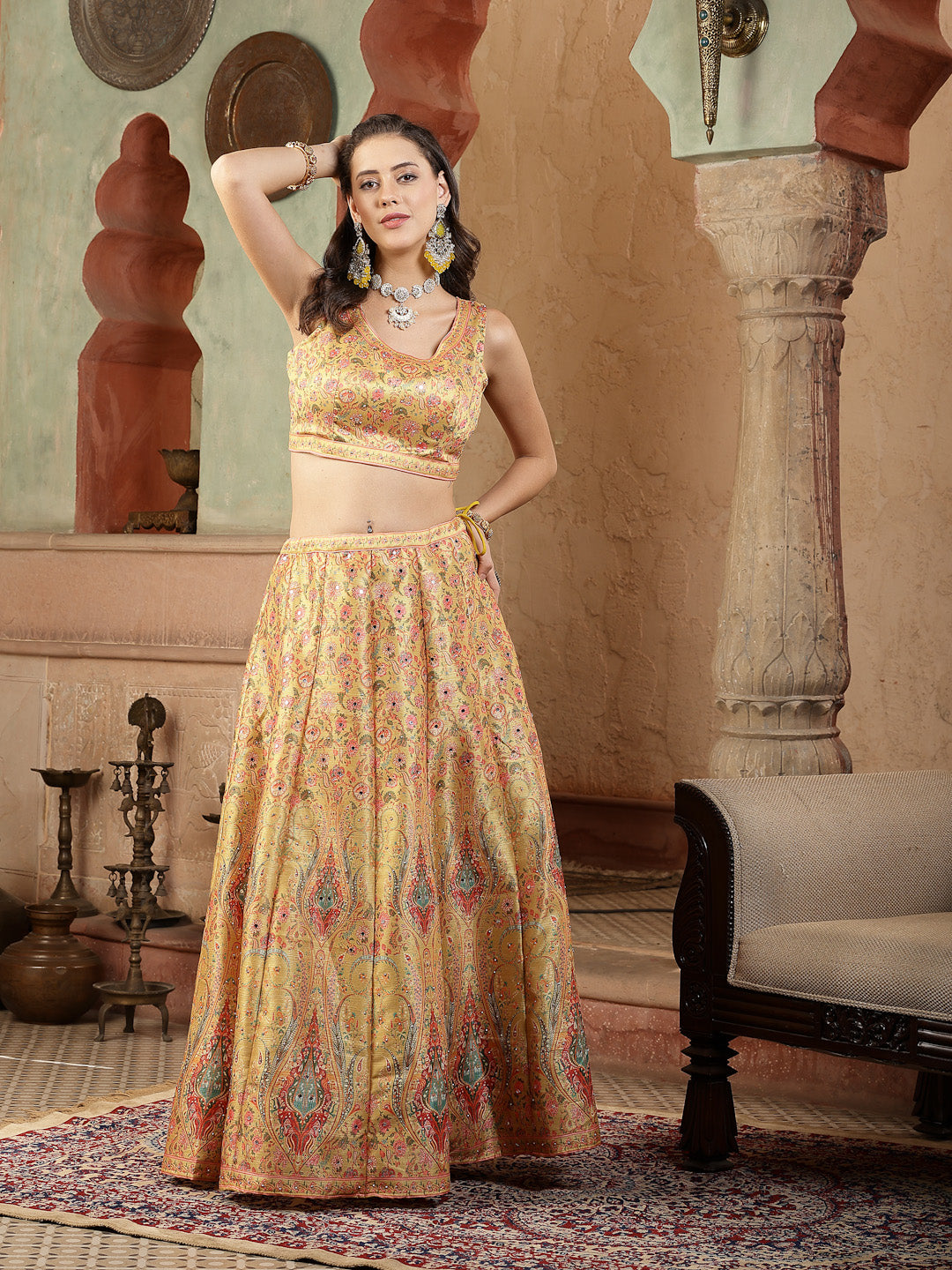 Women's Floral Printed Silk Blend Lehenga Dupatta with Blouse