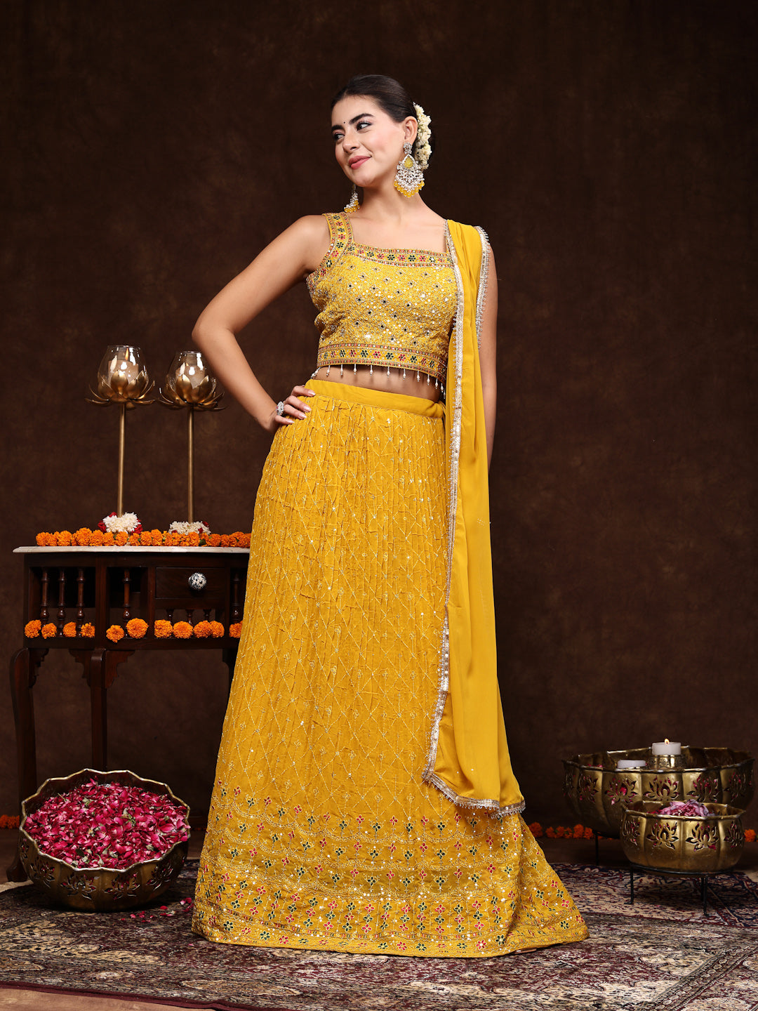 Women's Mustard Embroidered Georgette Lehenga & Blouse with Dupatta