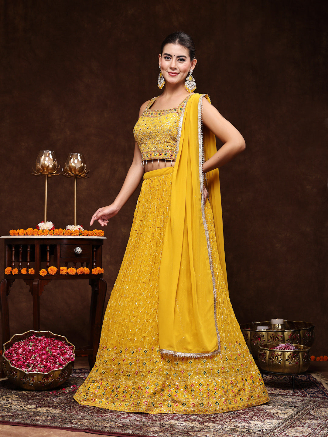 Women's Mustard Embroidered Georgette Lehenga & Blouse with Dupatta