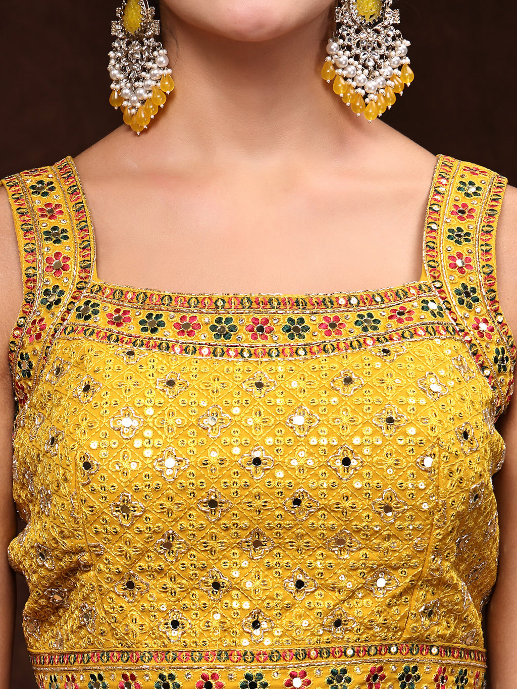 Women's Mustard Embroidered Georgette Lehenga & Blouse with Dupatta