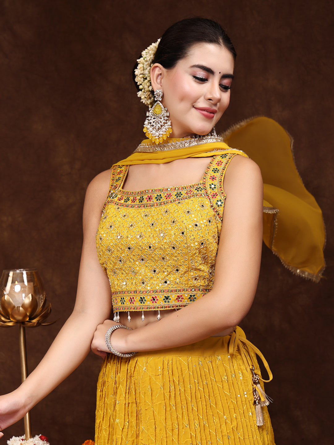 Women's Mustard Embroidered Georgette Lehenga & Blouse with Dupatta