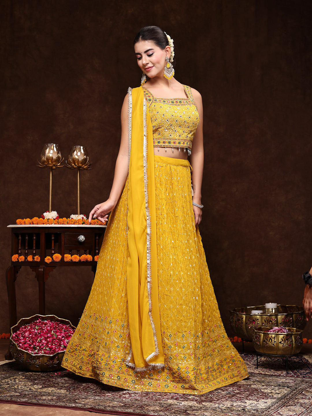 Women's Mustard Embroidered Georgette Lehenga & Blouse with Dupatta
