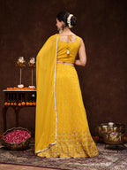 Women's Mustard Embroidered Georgette Lehenga & Blouse with Dupatta