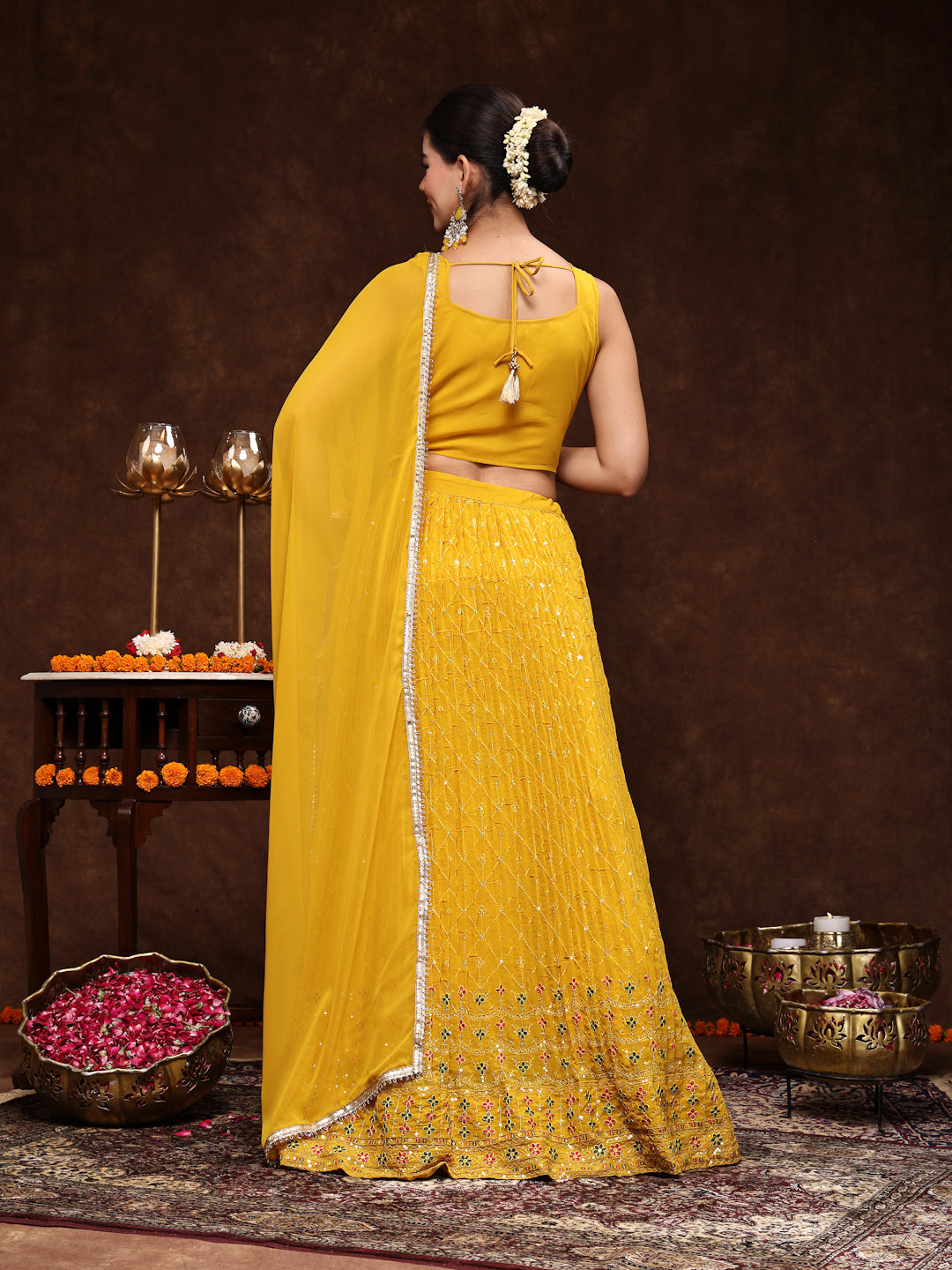 Women's Mustard Embroidered Georgette Lehenga & Blouse with Dupatta
