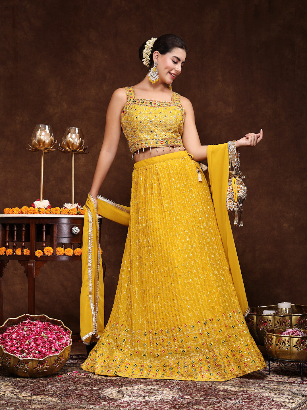 Women's Mustard Embroidered Georgette Lehenga & Blouse with Dupatta