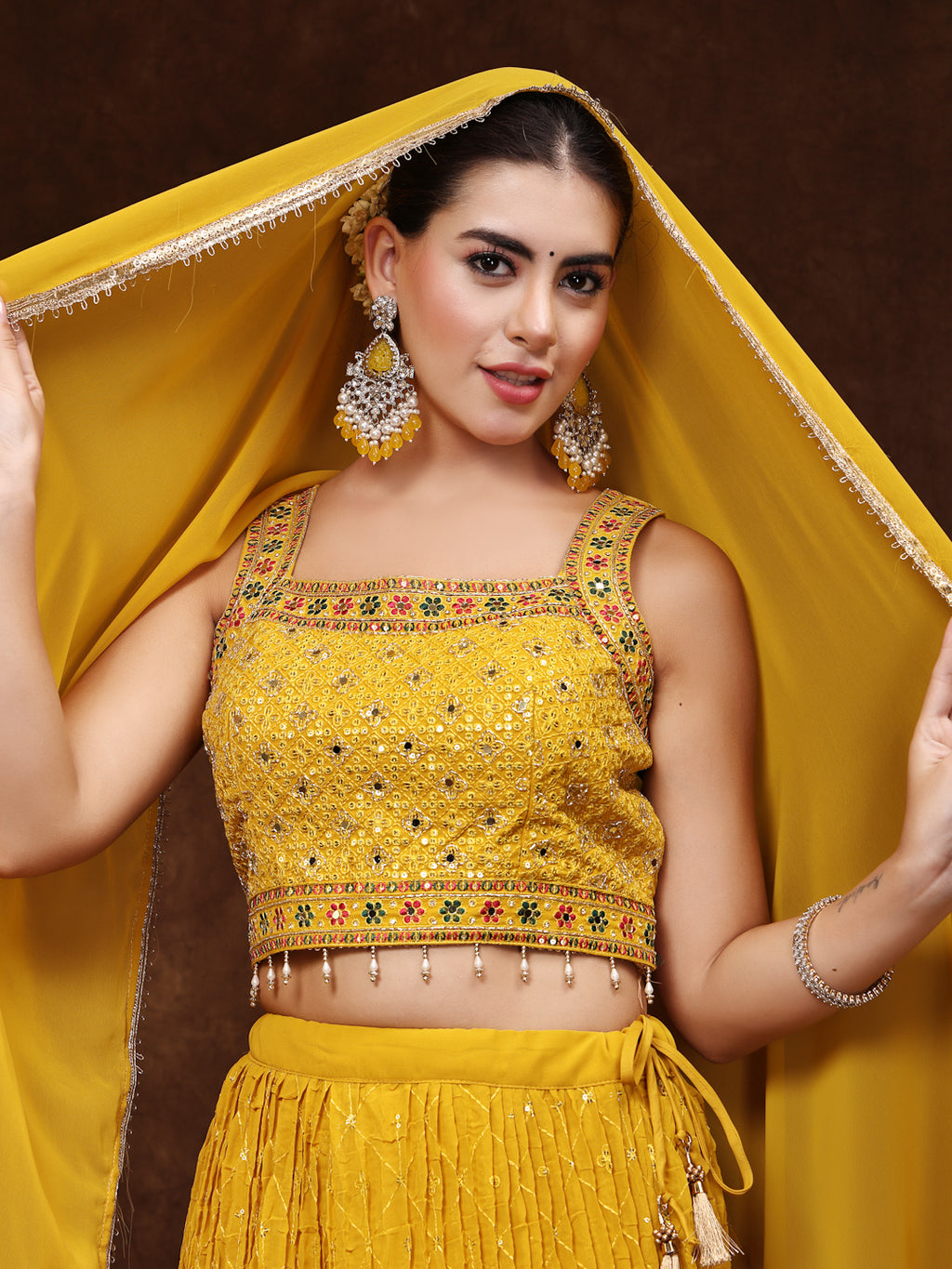 Women's Mustard Embroidered Georgette Lehenga & Blouse with Dupatta