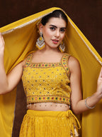 Women's Mustard Embroidered Georgette Lehenga & Blouse with Dupatta