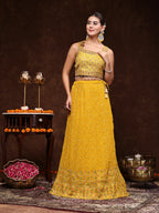 Women's Mustard Embroidered Georgette Lehenga & Blouse with Dupatta