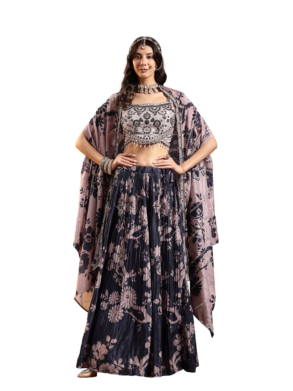 Women's Navy Floral Printed & Embroidered Chinon Lehenga Choli With Shurg