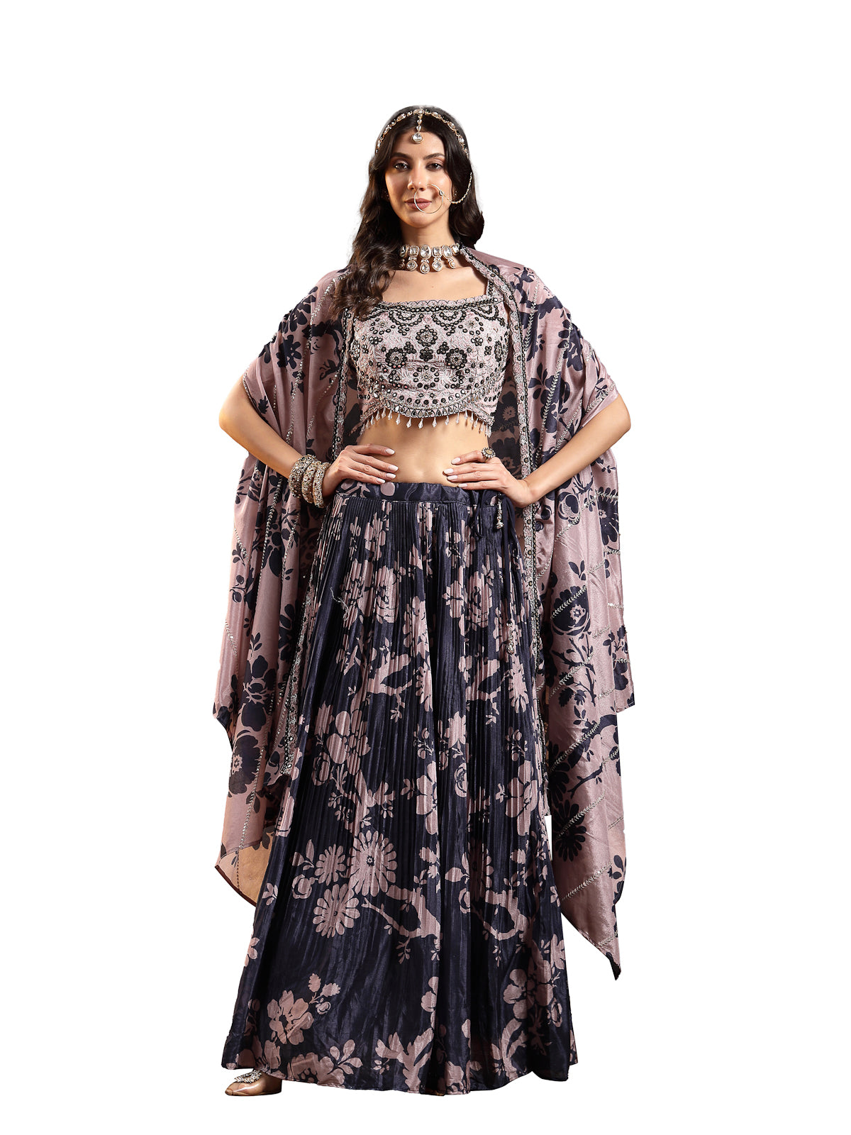 Women's Navy Floral Printed & Embroidered Chinon Lehenga Choli With Shurg