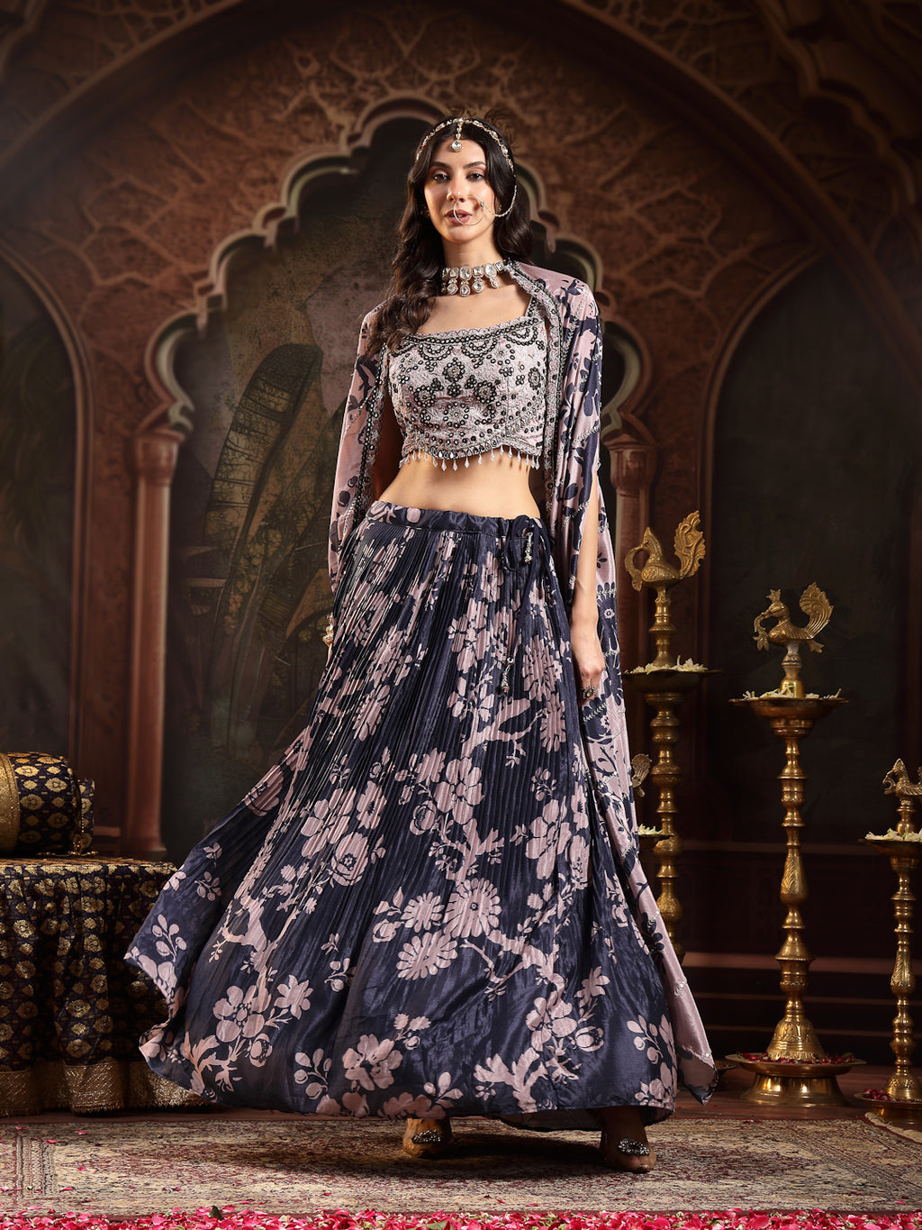 Women's Navy Floral Printed & Embroidered Chinon Lehenga Choli With Shurg