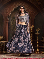 Women's Navy Floral Printed & Embroidered Chinon Lehenga Choli With Shurg