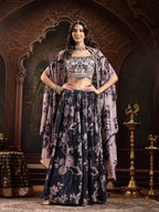 Women's Navy Floral Printed & Embroidered Chinon Lehenga Choli With Shurg