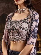 Women's Navy Floral Printed & Embroidered Chinon Lehenga Choli With Shurg