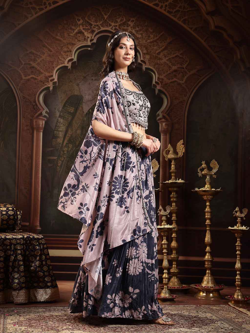 Women's Navy Floral Printed & Embroidered Chinon Lehenga Choli With Shurg