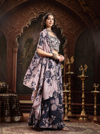 Women's Navy Floral Printed & Embroidered Chinon Lehenga Choli With Shurg