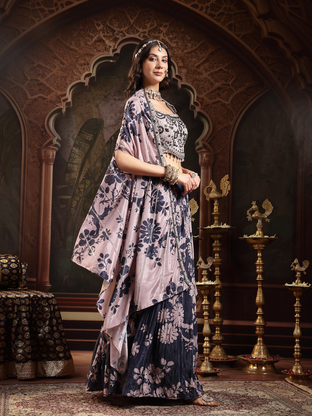 Women's Navy Floral Printed & Embroidered Chinon Lehenga Choli With Shurg