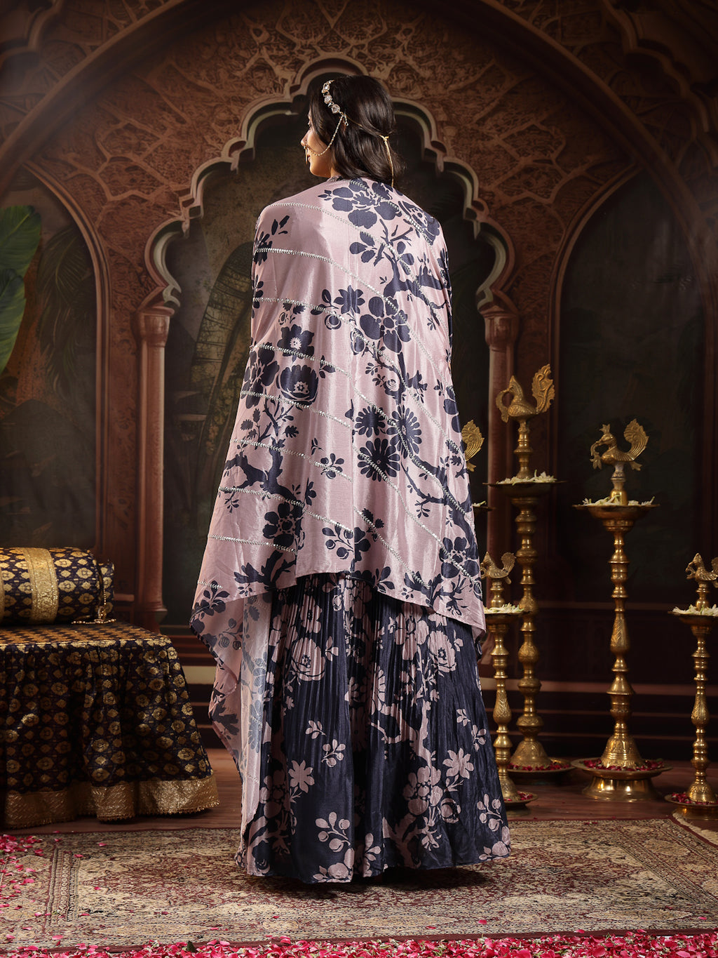 Women's Navy Floral Printed & Embroidered Chinon Lehenga Choli With Shurg