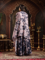 Women's Navy Floral Printed & Embroidered Chinon Lehenga Choli With Shurg
