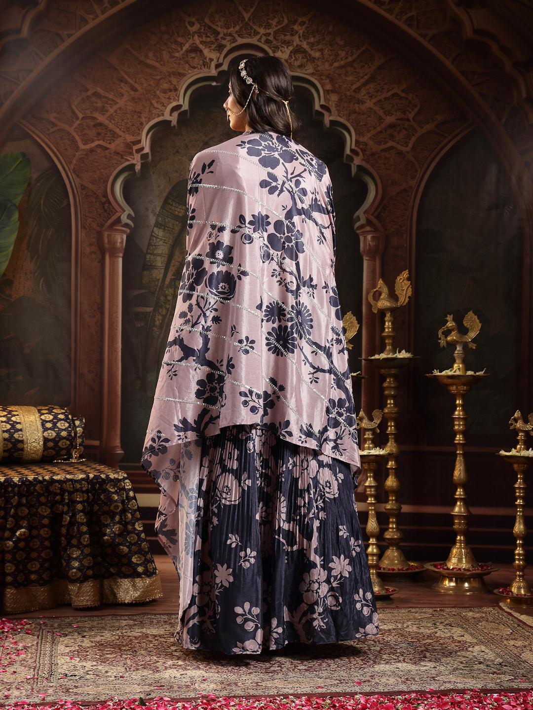 Women's Navy Floral Printed & Embroidered Chinon Lehenga Choli With Shurg