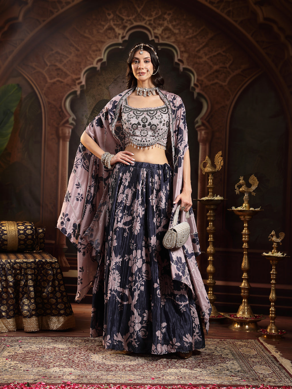 Women's Navy Floral Printed & Embroidered Chinon Lehenga Choli With Shurg