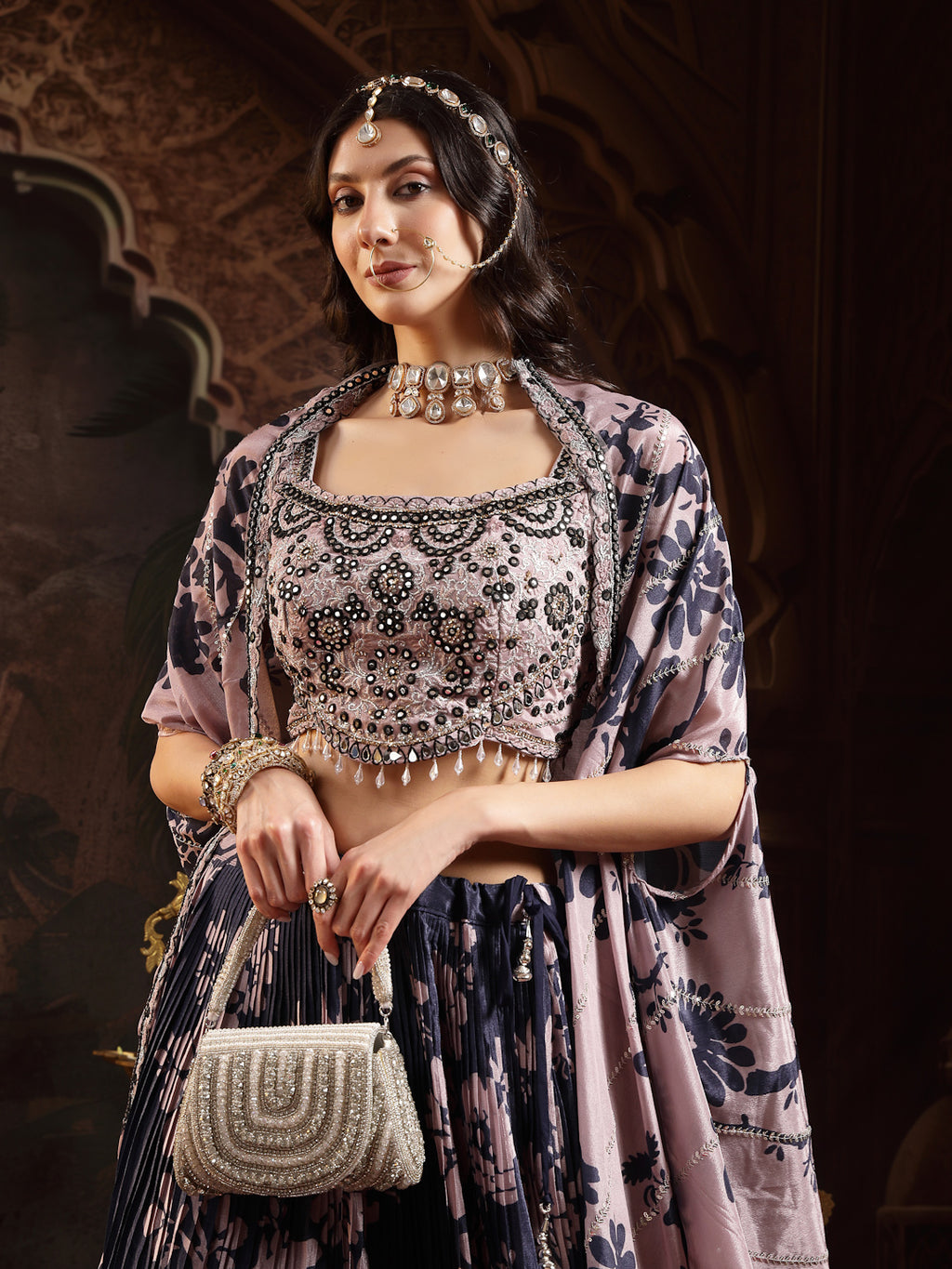 Women's Navy Floral Printed & Embroidered Chinon Lehenga Choli With Shurg