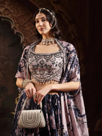 Women's Navy Floral Printed & Embroidered Chinon Lehenga Choli With Shurg