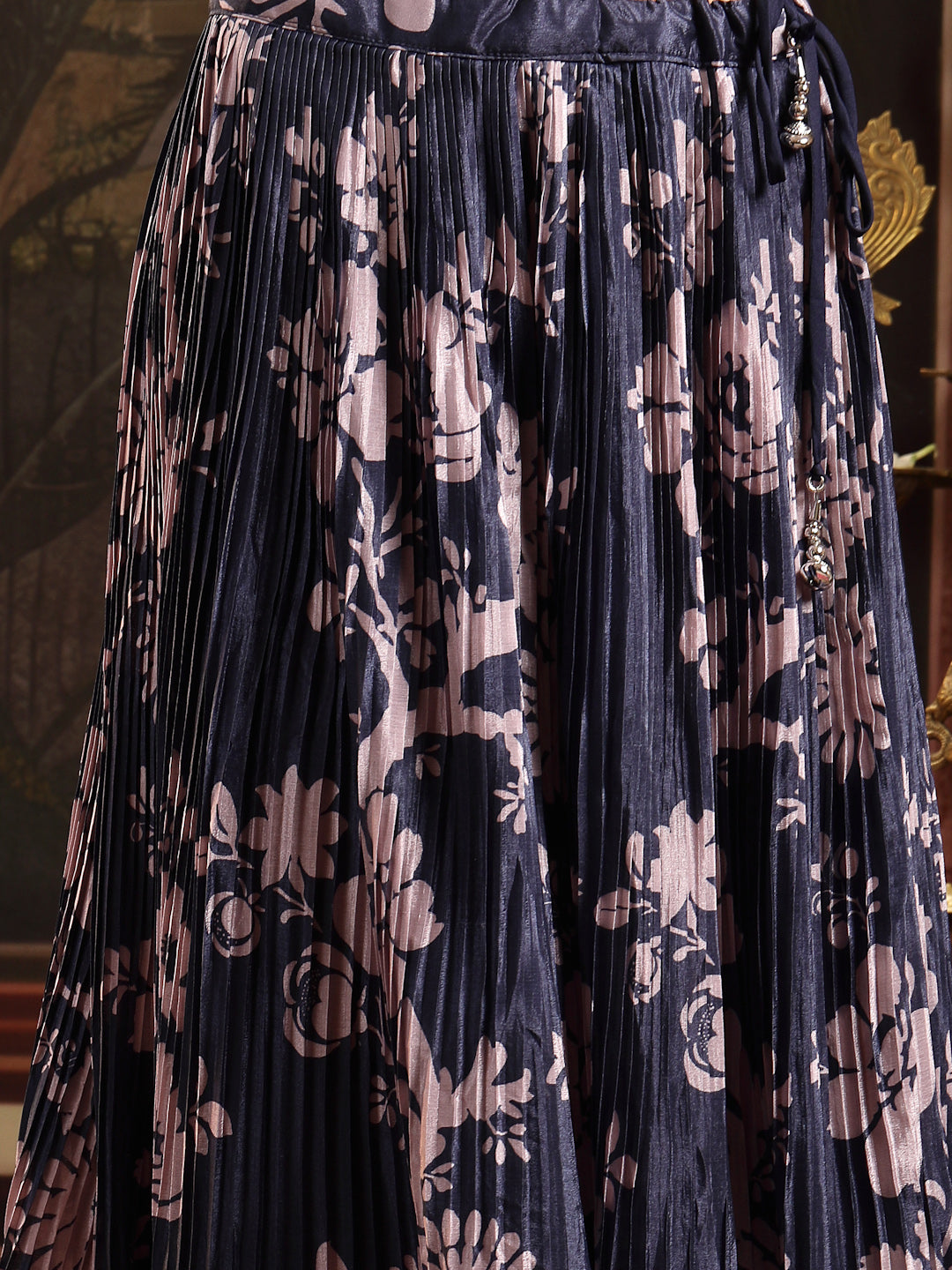 Women's Navy Floral Printed & Embroidered Chinon Lehenga Choli With Shurg
