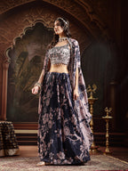 Women's Navy Floral Printed & Embroidered Chinon Lehenga Choli With Shurg