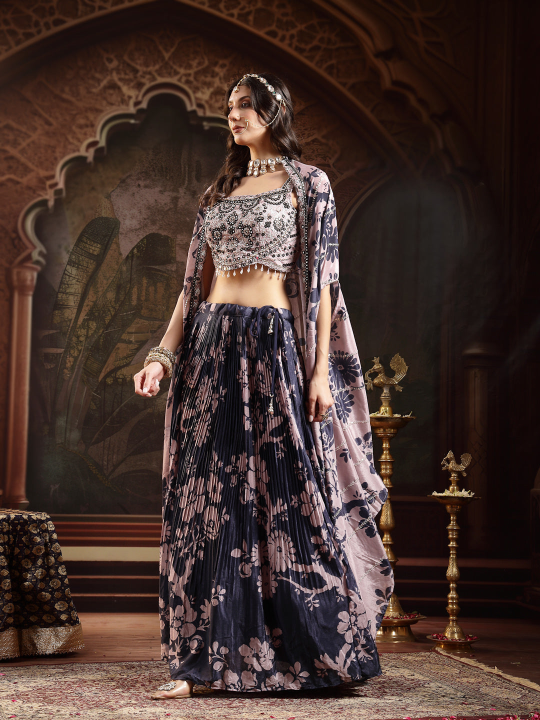 Women's Navy Floral Printed & Embroidered Chinon Lehenga Choli With Shurg