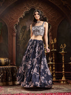 Women's Navy Floral Printed & Embroidered Chinon Lehenga Choli With Shurg