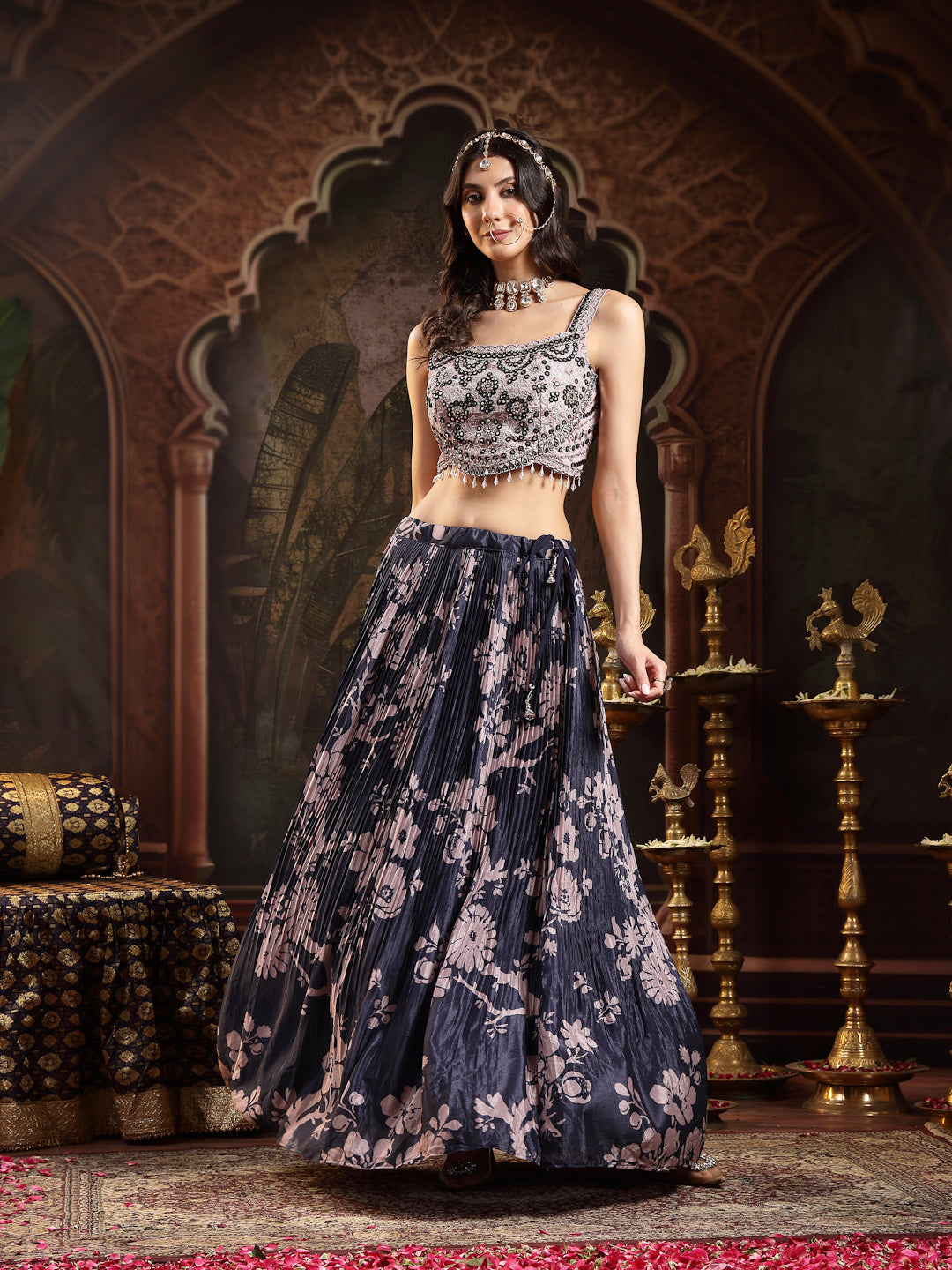 Women's Navy Floral Printed & Embroidered Chinon Lehenga Choli With Shurg