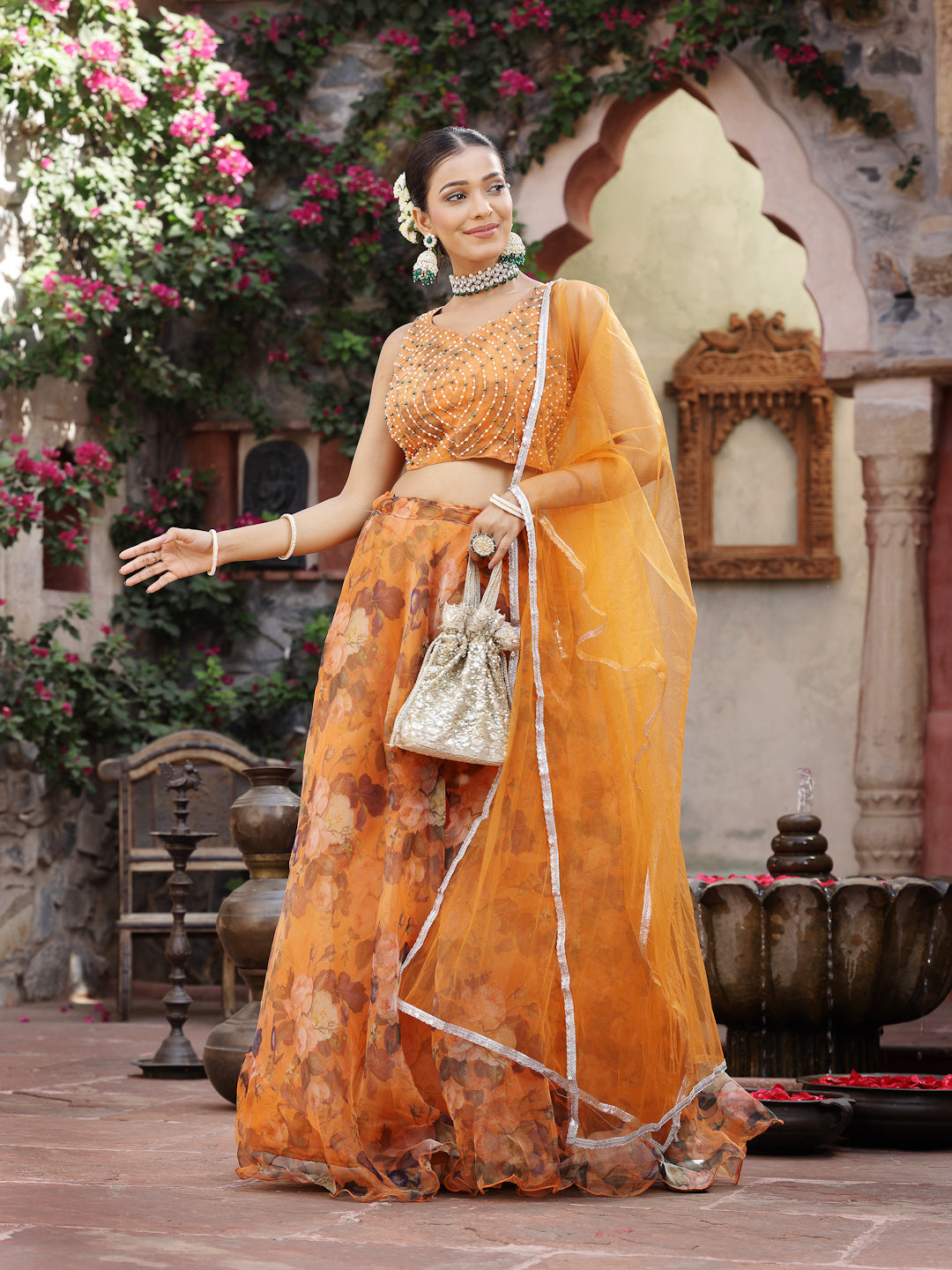 Women's Floral Printed & Embroidered Oranza Lehenga Dupatta with Blouse