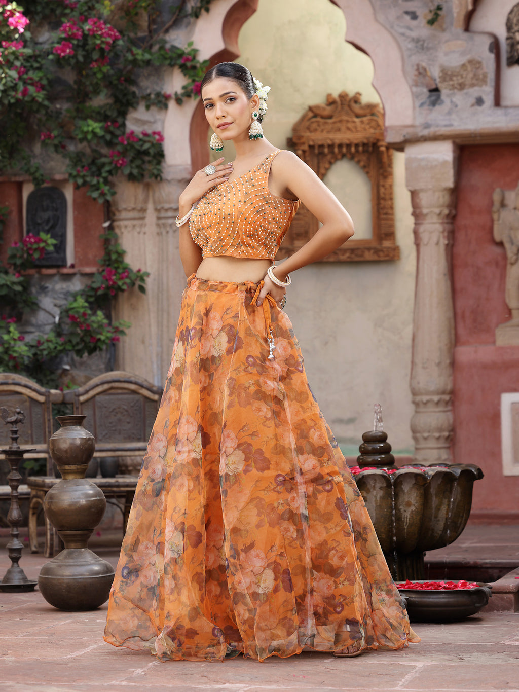 Women's Floral Printed & Embroidered Oranza Lehenga Dupatta with Blouse