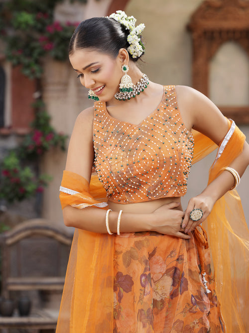 Women's Floral Printed & Embroidered Oranza Lehenga Dupatta with Blouse