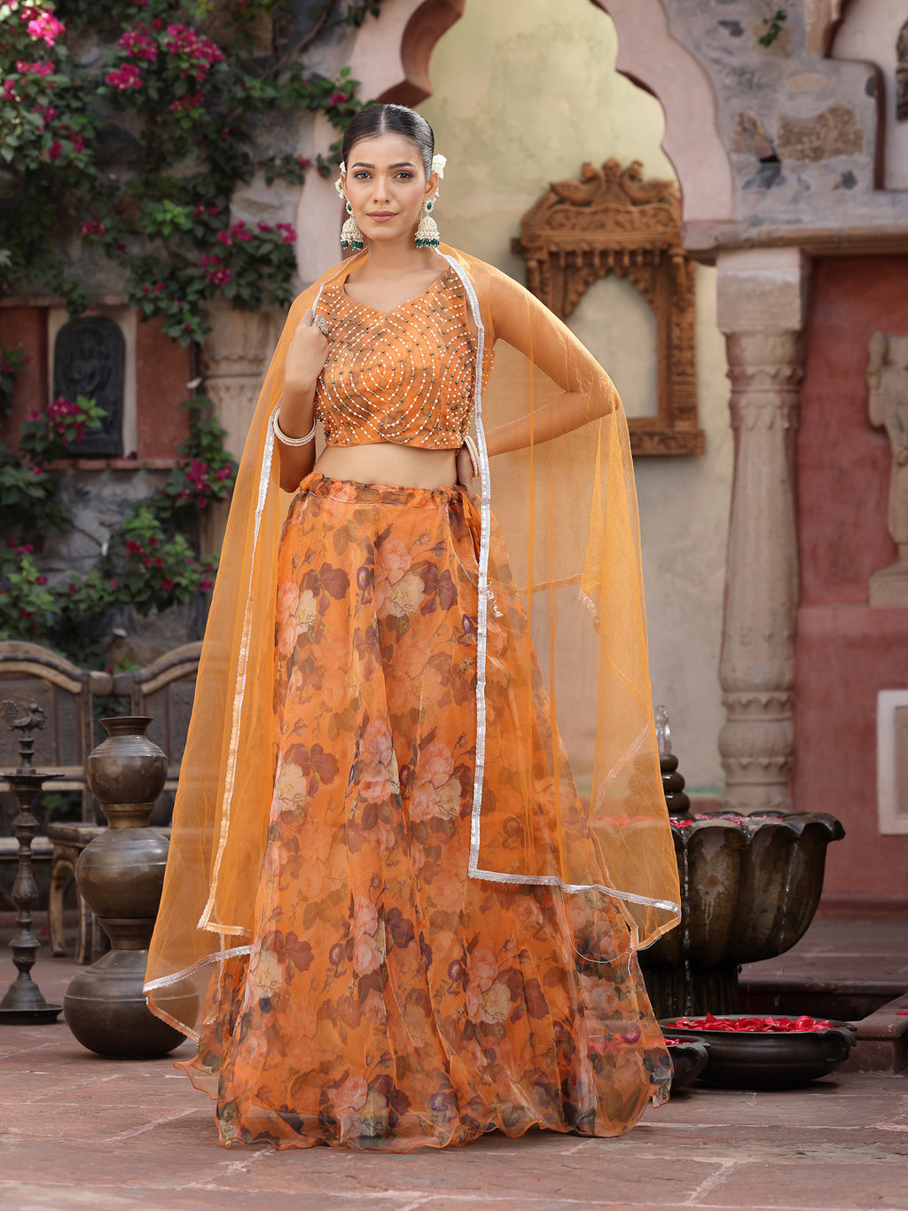 Women's Floral Printed & Embroidered Oranza Lehenga Dupatta with Blouse