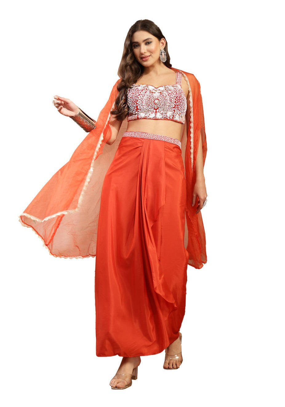 Women's Orange Solid & Embroidered Silk Draped Lehenga Choli With Shrug