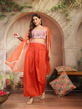 Women's Orange Solid & Embroidered Silk Draped Lehenga Choli With Shrug