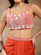 Women's Orange Solid & Embroidered Silk Draped Lehenga Choli With Shrug