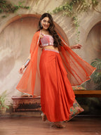 Women's Orange Solid & Embroidered Silk Draped Lehenga Choli With Shrug