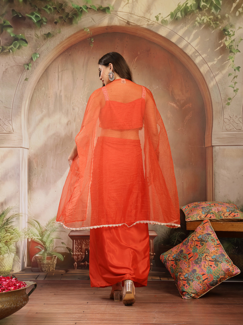 Women's Orange Solid & Embroidered Silk Draped Lehenga Choli With Shrug